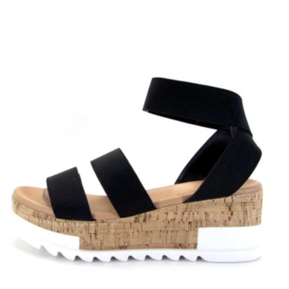 New! Soda Black Madyson Cork Flatform Wedge Sandal - Picture 2 of 7